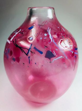 Vintage Loretta Eby Hand Blown Cranberry Pink Confetti Art Deco Style Glass Vase