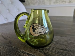 Vintage Handblown Green Glass Creamer Pitcher Colonial Williamsburg Jamestown Va