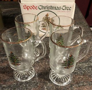 Set Of 4 Spode Christmas Tree Glass Irish Coffee Mugs 8 Oz Gold Rim