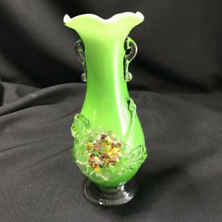 Vintage Green Art Glass Hand Blown Vase Applied Handles Swirled Ruffled Rim