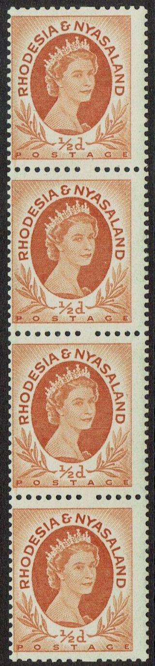 Rhodesia And Nyasaland 1954 Qeii 1/2d Mnh Strip Variety Missing Perf