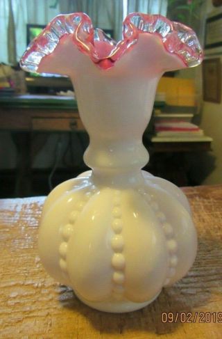 Fenton Silvercrest Cased White/pink Melon Shape Vase