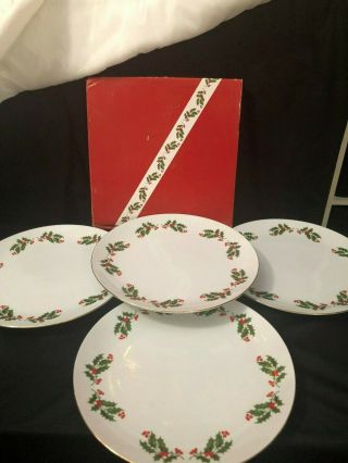 Set Of 4 Kashima Christmas Holly Fine Porcelain Japan Dinner Plate Set Nib