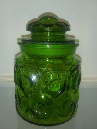 Moon & Stars L E Smith Green Glass Canister / Apothecary Jar - 7 "