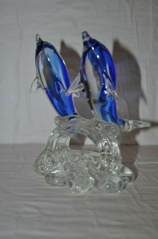 Vintage Murano Small Blue & Clear Art Glass Dolphins Sculpture / Figurine