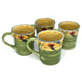 Set Of 4 Pier 1 Elizabeth Large Floral Hand Painted Stoneware Coffee Mugs
