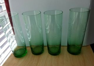 Set Of 4 Tall 6 1/2 " Thin 2 3/8 " Green Etched 12 Oz Glasses
