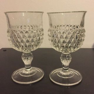 Vintage Indiana Glass Crystal Clear Diamond Cut Wine Glass Water Goblet Set Of 2