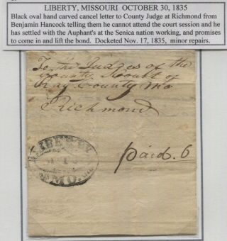 1835 Stampless Letter Liberty Mo Scarce Oval Cds & Paid 6 To Richmond