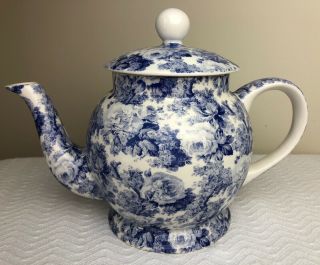 Vintage Arthur Wood Blue & White Chintz Floral Rose Teapot Made In England