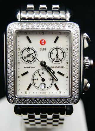 Michele Deco 71 - 6000 Mop Dial Diamond Bezel Ladies Quartz S/s Chrono Watch B1597