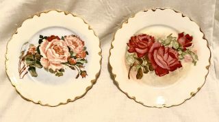 Vintage O&eg Royal Austria Dinner Gold Plates Pink Flowers Set Of 2 Dinnerware