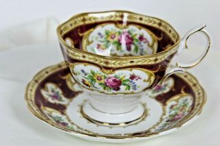 Royal Albert Lady Hamilton Maroon Gold Floral Footed Tea Cup Saucer Bone China