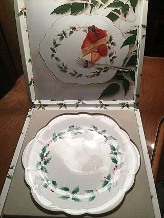 Nib Mikasa Ribbon Holly Wellington Cake Plate Bone Cina 11 " Fx17/592 Orig Box