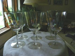 6 Vintage Paneled Iridescent Luster Rainbow Optic Wine Glass/goblet 6.  75 "