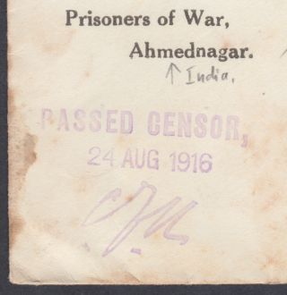 1916 India Prisoner of War Letter Envelope;Ahmednagar to Hannover,  Germany;Censor 2