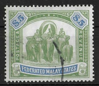 Federated Malay States 1904 - 1922 $5 Wmk Crown Ca Sg 50 Vf
