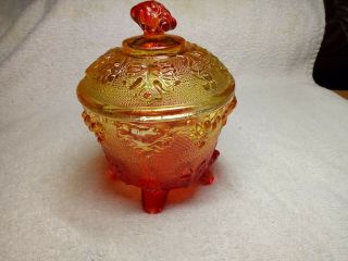 Vintage Small Ruby Red Gold Grape Leaf Pattern Lidded Glass Candy Dish