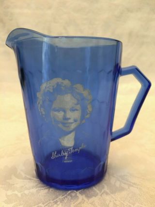 Vintage Cobalt Blue Child Shirley Temple Pitcher Hazel Atlas