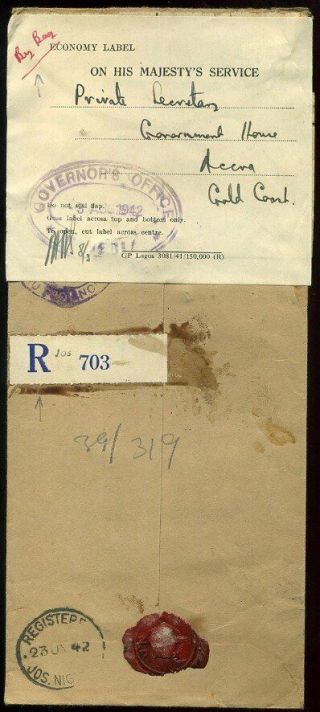 Nigeria 1942 Registered Jos " By Bag " Governor 