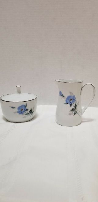 Noritake Sylvia 6603 Blue Flower Creamer And Covered Sugar Bowl Set
