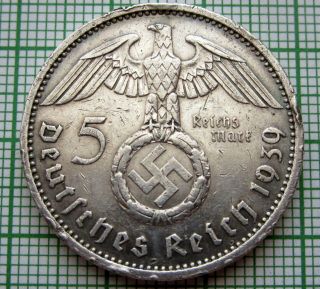 Germany Third Reich 1939 A 5 Reichsmark Hindenburg Swastika Silver Patina
