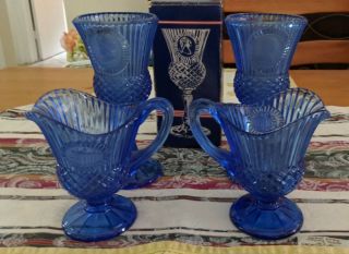 Vintage Fostoria Avon George & Martha Washington 2 Cobalt Blue Goblets & Creamer