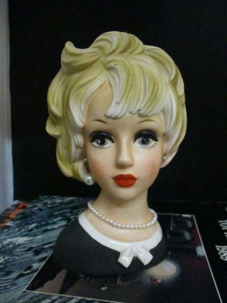 Vintage Relpo Lg 7 " Lady Headvase Japan Head Vase Blonde Big Eyes Necklace