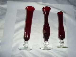 3 X Vintage Clear Red Glass Vases With Clear Glass Bases