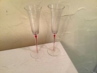 Champagne Flute 10 - 1/2” Tall Glasses.  Unique,  Red Infused Stem.  Set Of 2.