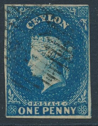 Sg 2 Ceylon 1857 - 59 1d Deep Turquoise Blue Very Fine 4 Margins Cat £45