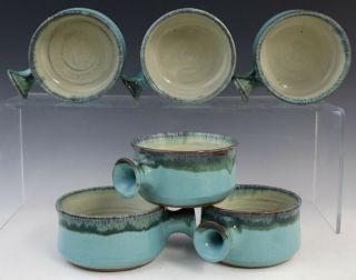 6 Pc Vtg Signed Lee Mcm Blue Glazed Studio Art Pottery Handled Soup Crock Set