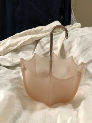 Vintage Fenton? Frosted Pink Glass Umbrella Candy Dish With Metal Handle 6 - 1/2 "
