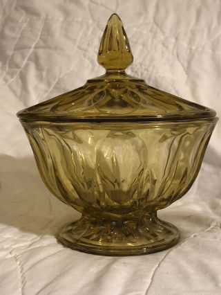 Vintage Round Yellow/amber Glass Pedestal Footed Candy Dish W/ Lid