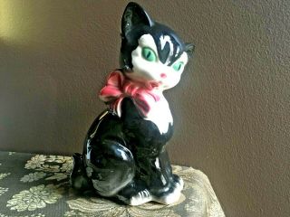 1940 - 1959 Royal Copley Black And White Kitten Cat With Pink Ribbon Figurine