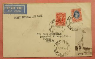 1932 Southern Rhodesia First Flight Airmail Bulawayo To Greece,  Giraffe Label