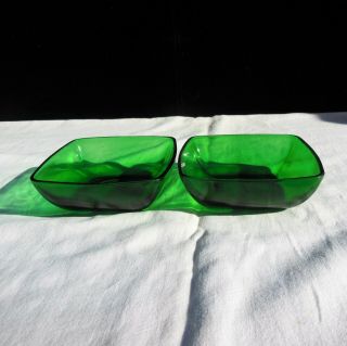 2 Anchor Hocking Forest Green Glass Charm Square Bowls
