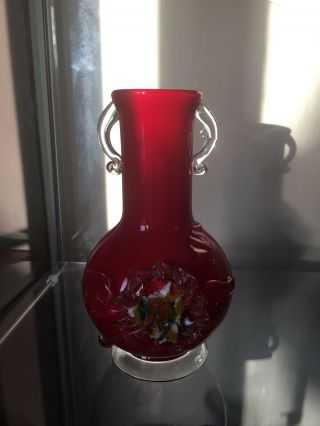 Vintage Hand Blown Art Glass Vase With Floral Decoration - Rough Pontil