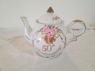Vintage Lefton Musical Teapot 50th Anniversary Gold Wedding Bells Music Box