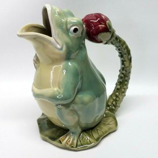 Henriksen Imports Majolica Frog Sitting On Lily Pad Water Pitcher,  9 " Height
