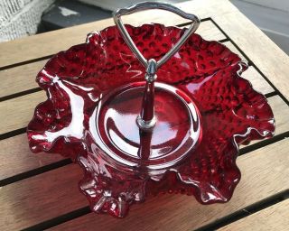 Fenton Ruby Red Amberina Hobnail Glass Candy Bowl Dish Ruffled Edge 8” Euc