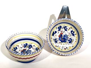Deruta Italian Hand Painted Ceramic Bowls,  6” Diameter 3” Tall Blue Rooster