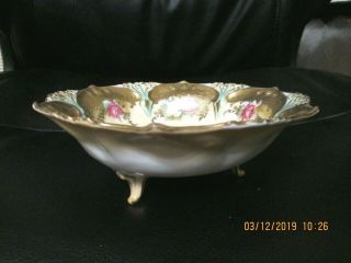 Rs Prussia 3 Footed Dish Bowl Pink Yellow Roses 5 Point Domes Gold Beading