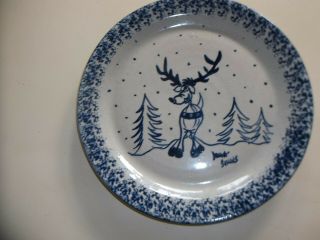 Marshall Pottery Tx Cobalt Blue On Stoneware Moose Design 10 " Diameter Plate