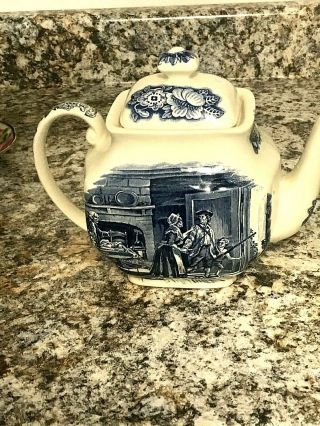 Staffordshire Liberty Blue Teapot England Historic Colonial Scenes Minute Men