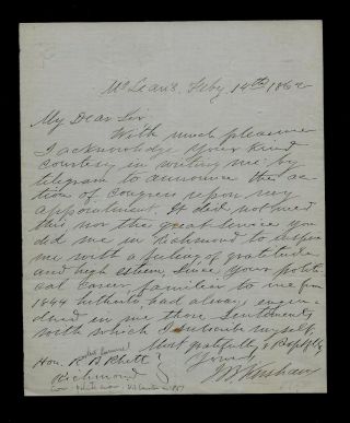 1862 Confederate Congress Civil War Letter Mclean,  Va To Richmond - Historic