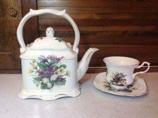 Crown Dorset Staffordshire Teapot With Teacup And Saucer Floral Gold Trim Exlnt