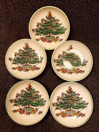 Spode Christmas Tree Butter Pats,  Set Of 5,  Green Rim,  3 " Perfect