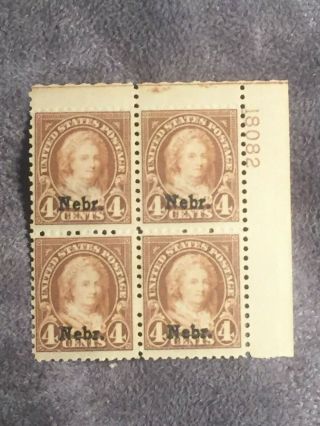 Scott Us 673 1929 4c " Nebr.  " Overprint Plate Block Of 4 Stamps Mnh