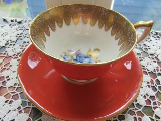 Vintage Aynsley England Bone China Tea Cup & Saucer Blue Rose Rust And Gilt Exc